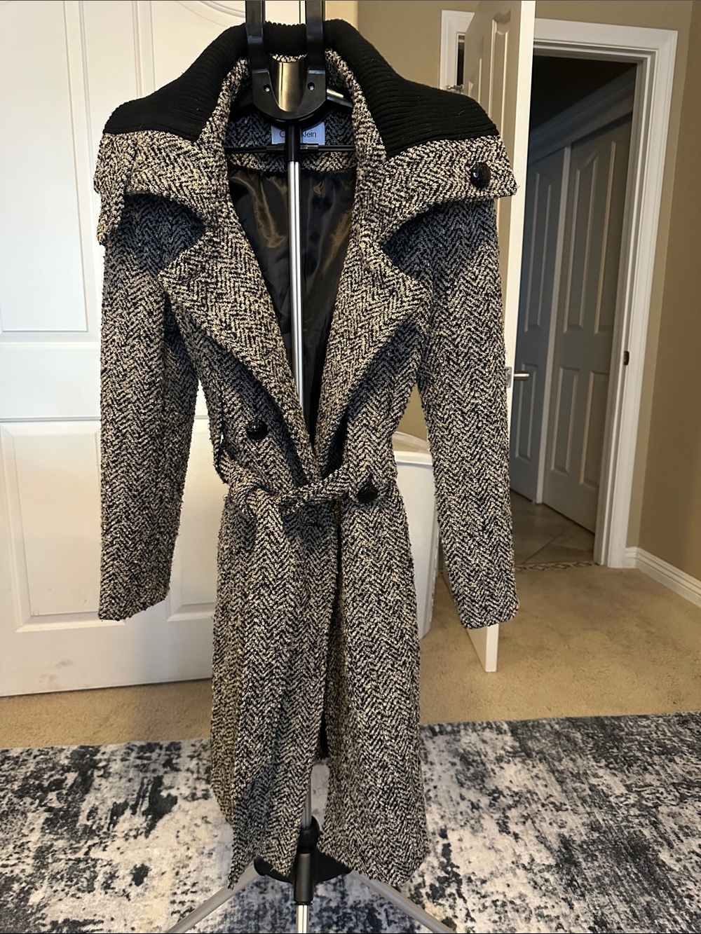 Calvin Klein Black & White Herringbone Trench Coat